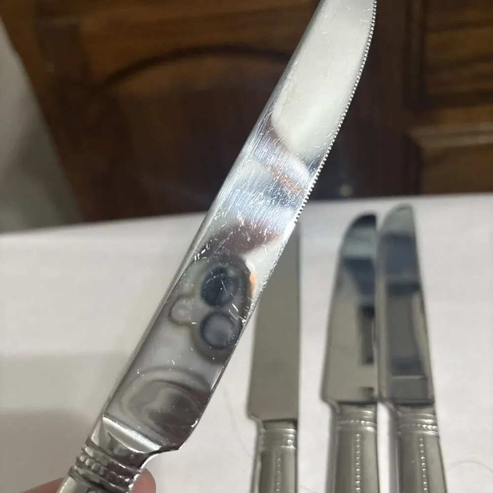 Nicole Miller GREEN TEA Stainless Beaded Center Silverware Knives Set 4